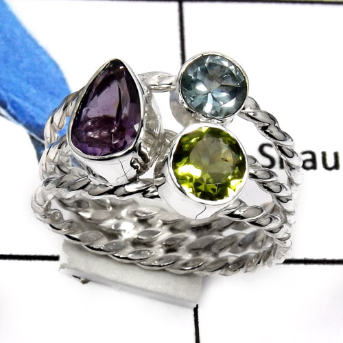 Blue Topaz,Peridot,Amethyst G - RSS801-Natural Cut Gemstones Designer Rings 925 Sterling Silver