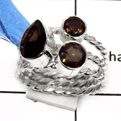 Smokey Quartz I - RSS801-Natural Cut Gemstones Designer Rings 925 Sterling Silver