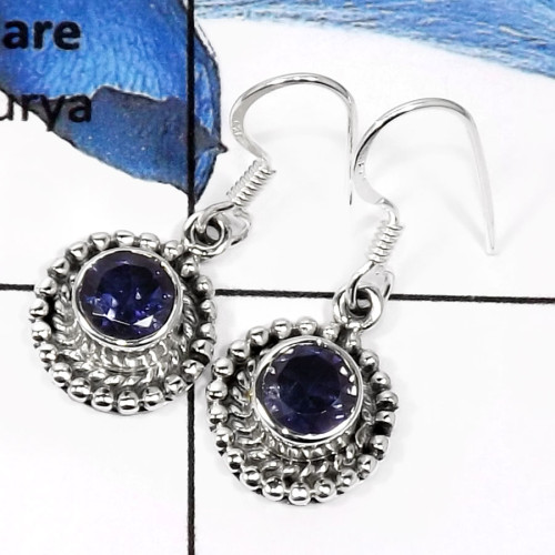 Iolite Cut B - SDE572-Fabulous Cut Gemstone Designer Wedding Earrings 925 Sterling Silver