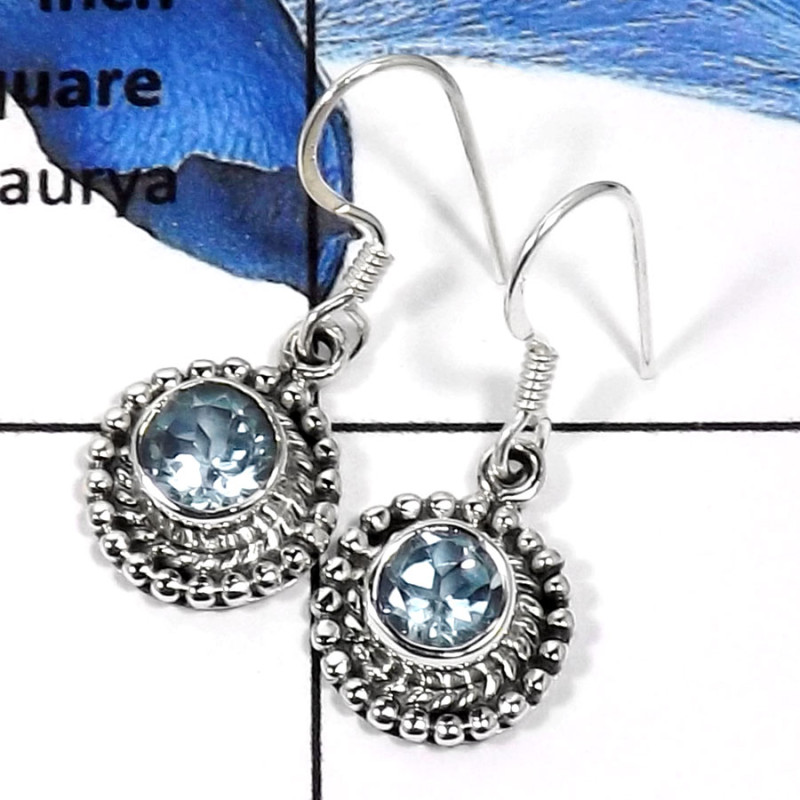 Blue Topaz O - SDE572-Fabulous Cut Gemstone Designer Wedding Earrings 925 Sterling Silver