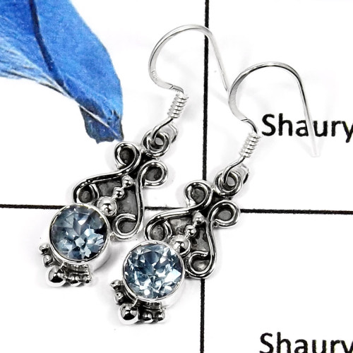 Blue Topaz C - SDE570-Exclusive Cut Gemstones Light Weight Earrings 925 Sterling Silver Blue Topaz C - SDE570-Exclusive Cut Gemstones Light Weight Earrings 925 Sterling Silver