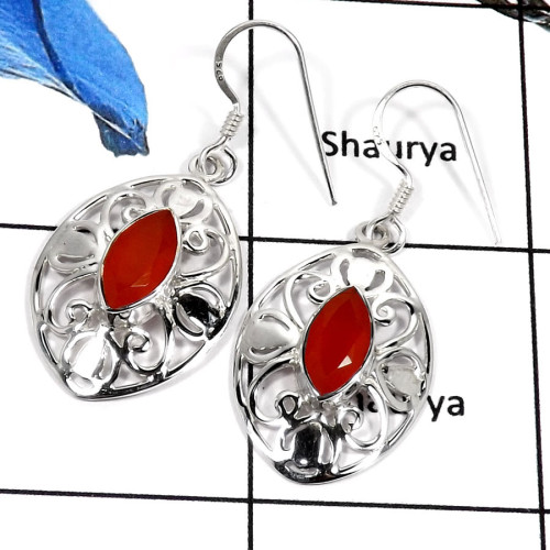 Carnelian Cut O - SDE564-Beautiful Cut Gemstones Designer Dangle Earrings 925 Sterling Silver