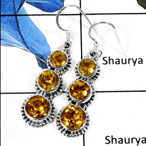 Citrine Cut A - SDE559-Classic Cut & Cab Gemstones Designer Earrings 925 Sterling Silver