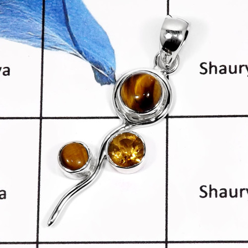 Tiger Eye & Citrine D - SSP757-Eye Catching New Design Cab & Cut Women's Pendants 925 Sterling Silver Tiger Eye & Citrine D - SSP757-Eye Catching New Design Cab & Cut Women's Pendants 925 Sterling Silver
