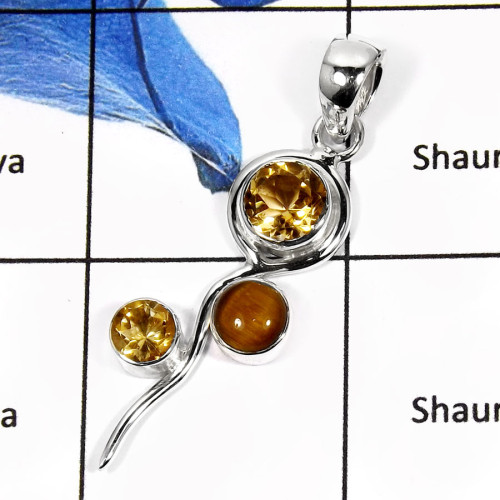 Citrine Cut & Tiger Eye E - SSP757-Eye Catching New Design Cab & Cut Women's Pendants 925 Sterling Silver Citrine Cut & Tiger Eye E - SSP757-Eye Catching New Design Cab & Cut Women's Pendants 925 Sterling Silver