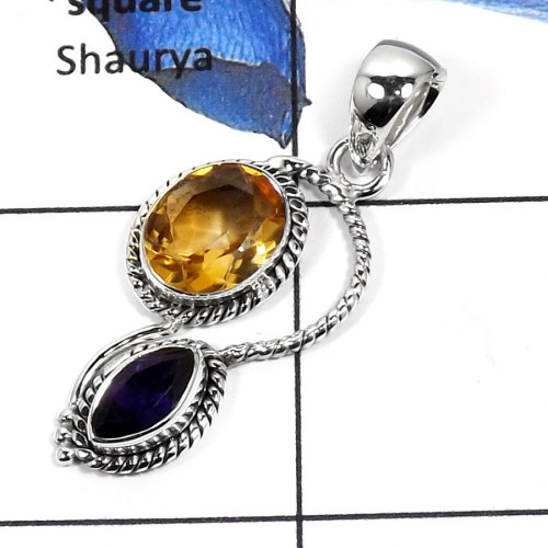 Citrine Cut & Amethyst F - SD419-Gorgeous Cab & Cut Handmade Designer Pendants 925 Sterling Silver Citrine Cut & Amethyst F - SD419-Gorgeous Cab & Cut Handmade Designer Pendants 925 Sterling Silver