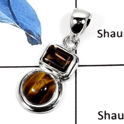 Tiger Eye & Smokey Quartz D - SD418-Elegant Two Stone Handmade Wholesale Pendants 925 Sterling Silver