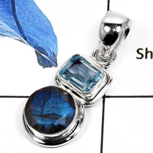 Labradorite Cut & Blue Topaz O - SD417-Stunning Cut & Cab Party Wear Pendants 925 Sterling Silver