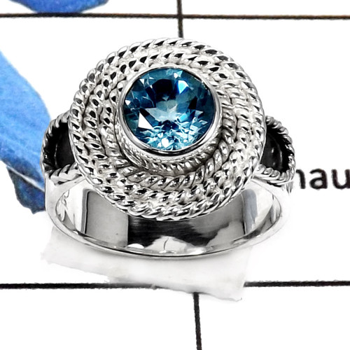 Blue Topaz O - RSS793-Valentine Special Stunning Cut Gemstone Fashion Ring 925 Sterling Silver