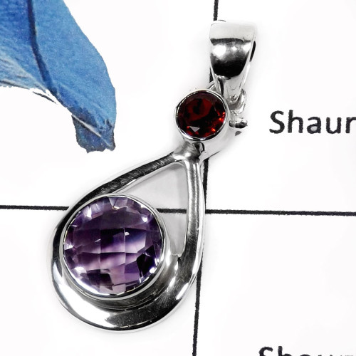 Garnet Cut & Amethyst Cut O - SSP737-Indian Company Handmade Cut Gemstone Pendants 925 Sterling Silver