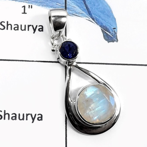 Rainbow Moonstone & Iolite Cut C - SSP737-Indian Company Handmade Cut Gemstone Pendants 925 Sterling Silver