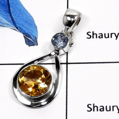 Blue Topaz & Citrine Cut D - SSP737-Indian Company Handmade Cut Gemstone Pendants 925 Sterling Silver