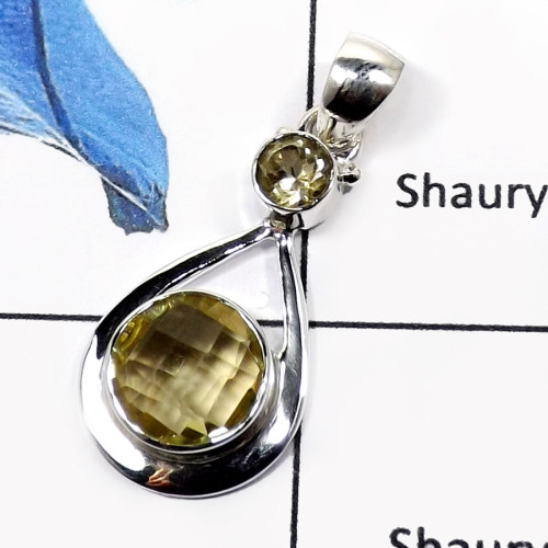Lemon Quartz I - SSP737-Indian Company Handmade Cut Gemstone Pendants 925 Sterling Silver