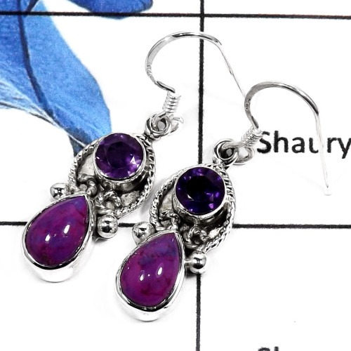 Purple Turquoise & Amethyst A - SDE552-NATURAL CUT & CAB GEMSTONES HANDMADE FASHIONABLE EARRINGS 925 STERLING SILVER