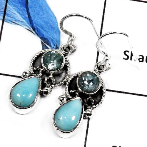 Larimar & Blue Topaz B - SDE552-NATURAL CUT & CAB GEMSTONES HANDMADE FASHIONABLE EARRINGS 925 STERLING SILVER