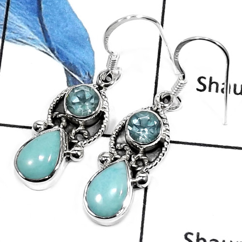 Larimar & Blue Topaz E - SDE552-NATURAL CUT & CAB GEMSTONES HANDMADE FASHIONABLE EARRINGS 925 STERLING SILVER