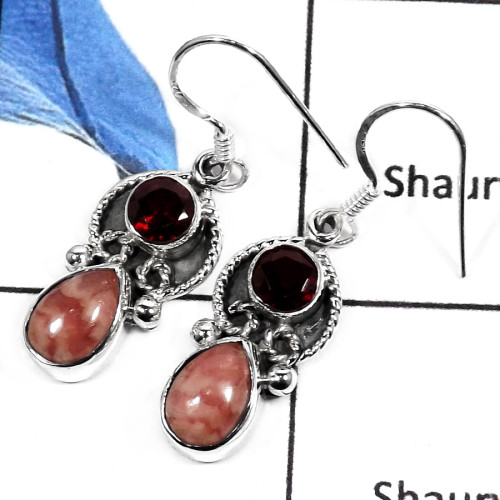 Rodochrosite & Garnet G - SDE552-NATURAL CUT & CAB GEMSTONES HANDMADE FASHIONABLE EARRINGS 925 STERLING SILVER
