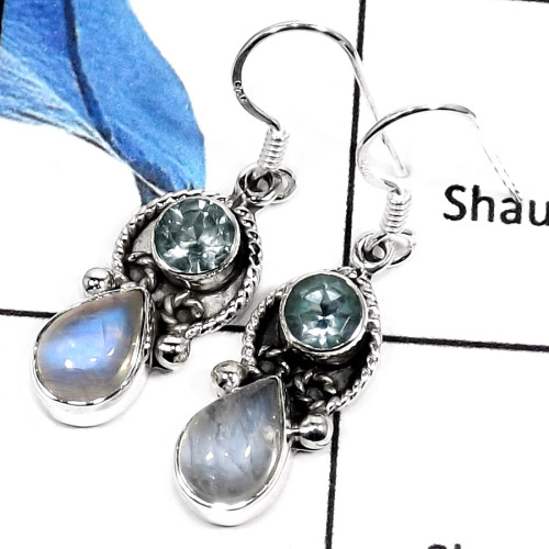 Rainbow Moonstone & Blue Topaz H - SDE552-NATURAL CUT & CAB GEMSTONES HANDMADE FASHIONABLE EARRINGS 925 STERLING SILVER