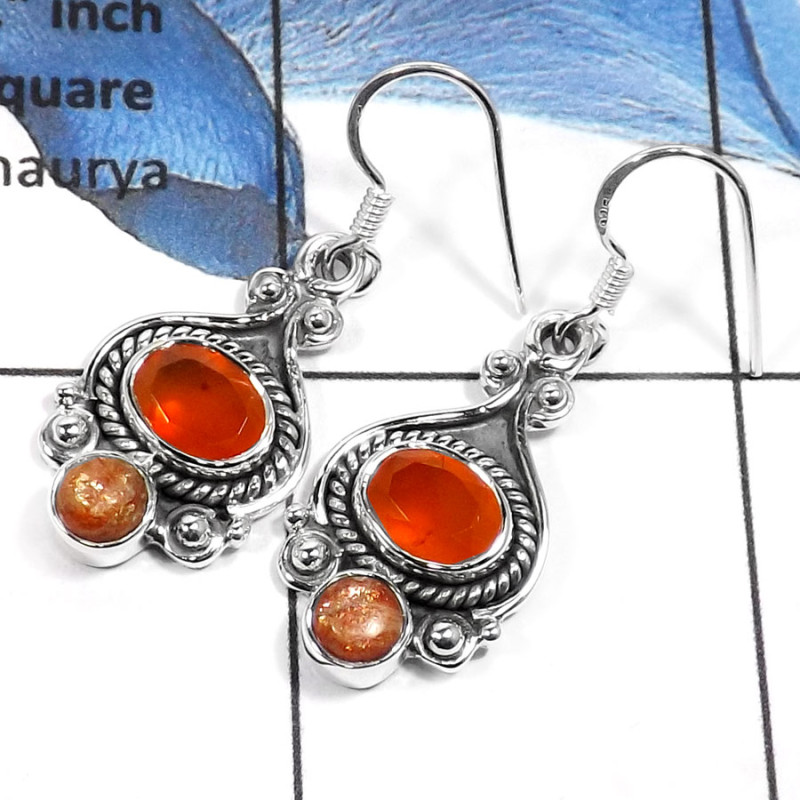 Carnelian Cut & Sun Stone Cab C - SDE551-Beautiful Cut & Cab Handmade Designer Women Earrings 925 Sterling Silver