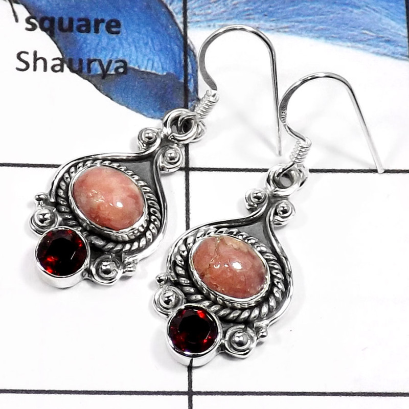 Rhodochrosite & Garnet F - SDE551-Beautiful Cut & Cab Handmade Designer Women Earrings 925 Sterling Silver Rhodochrosite & Garnet F - SDE551-Beautiful Cut & Cab Handmade Designer Women Earrings 925 Sterling Silver