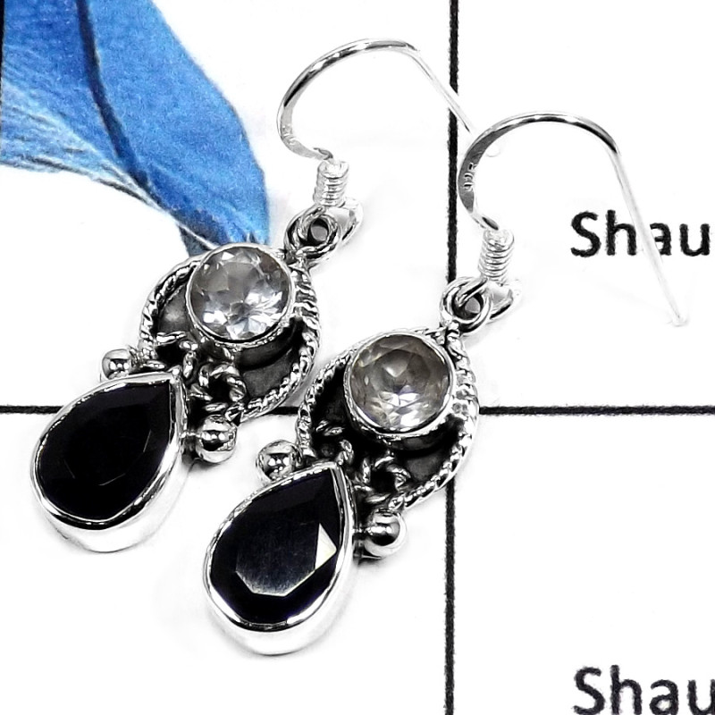 Black Onyx & Crystal Quartz - SDE550-ATTRACTING CUT GEMSTONES HANDMADE WOMEN'S EARRINGS 925 STERLING SILVER Black Onyx & Crystal Quartz - SDE550-ATTRACTING CUT GEMSTONES HANDMADE WOMEN'S EARRINGS 925 STERLING SILVER