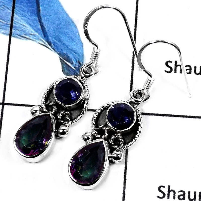 Mystic Ouartz & Iolite E - SDE550-ATTRACTING CUT GEMSTONES HANDMADE WOMEN'S EARRINGS 925 STERLING SILVER Mystic Ouartz & Iolite E - SDE550-ATTRACTING CUT GEMSTONES HANDMADE WOMEN'S EARRINGS 925 STERLING SILVER