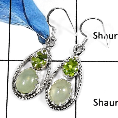 Prehnite Cab & Peridot Cut A - SDE548-Elegant Cut & Cab Prong Setting Earrings 925 Sterling Silver
