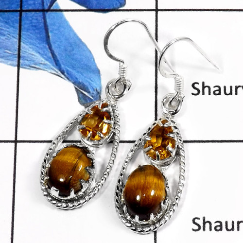 Tiger Eye & Citrine Cut B - SDE548-Elegant Cut & Cab Prong Setting Earrings 925 Sterling Silver