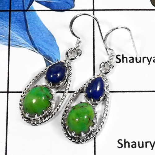 Lapis Lazuli & Green Copper Turquoise C - SDE548-Elegant Cut & Cab Prong Setting Earrings 925 Sterling Silver