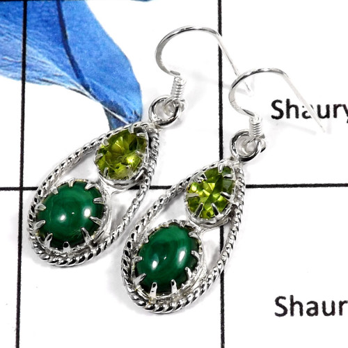 Malachite & Peridot D - SDE548-Elegant Cut & Cab Prong Setting Earrings 925 Sterling Silver