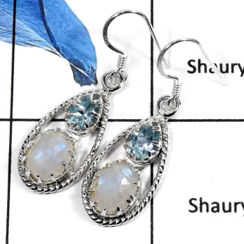 Rainbow Moonstone & Blue Topaz E - SDE548-Elegant Cut & Cab Prong Setting Earrings 925 Sterling Silver Rainbow Moonstone & Blue Topaz E - SDE548-Elegant Cut & Cab Prong Setting Earrings 925 Sterling Silver