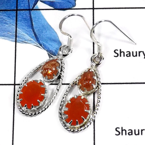 Carnelian Cut & Sun Stone Cab F - SDE548-Elegant Cut & Cab Prong Setting Earrings 925 Sterling Silver