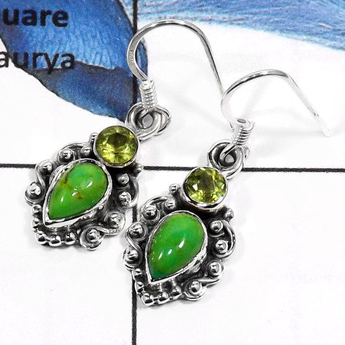 Green Turquoise & Peridot A - SDE547-Exclusive Cut & Cab Handmade Fashion Earrings 925 Sterling Silver
