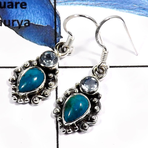 Crysocola & Blue Topaz B - SDE547-Exclusive Cut & Cab Handmade Fashion Earrings 925 Sterling Silver