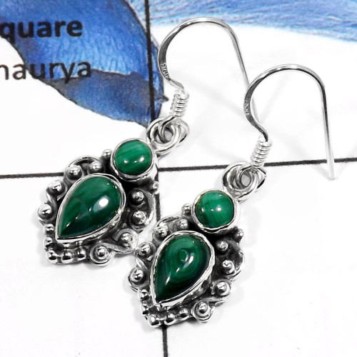 Malachite C - SDE547-Exclusive Cut & Cab Handmade Fashion Earrings 925 Sterling Silver