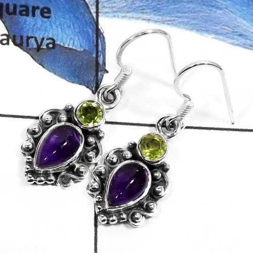 Amethyst Cab & Peridot D - SDE547-Exclusive Cut & Cab Handmade Fashion Earrings 925 Sterling Silver