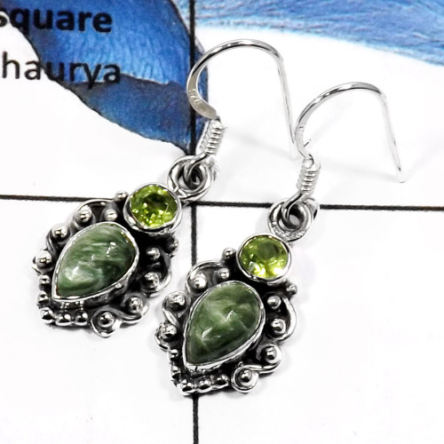 Seraphinite & Peridot E - SDE547-Exclusive Cut & Cab Handmade Fashion Earrings 925 Sterling Silver