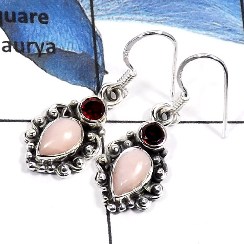 Pink Opal & Garnet Cut F - SDE547-Exclusive Cut & Cab Handmade Fashion Earrings 925 Sterling Silver
