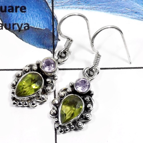 Amethyst Cut & Peridot D - SDE546-Eye Catching Cut Designer Wedding Earrings 925 Sterling Silver