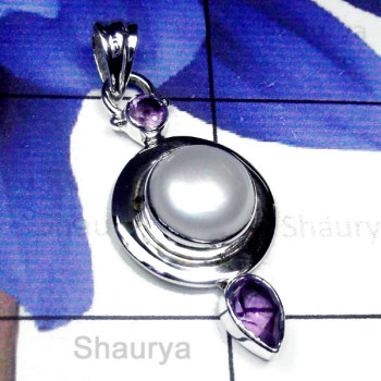 Pearl O - SPP996-Pearl Gemstone Sterling Silver Stylish Pendant