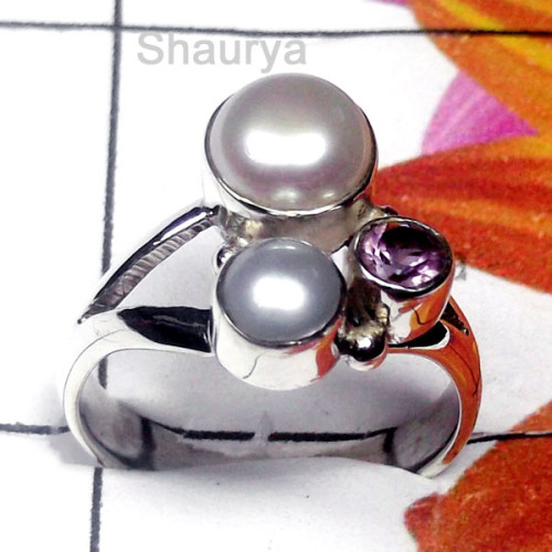 Pearl B - PPR998-Plain Silver Semiprecious Gemstone Ring Pearl B - PPR998-Plain Silver Semiprecious Gemstone Ring