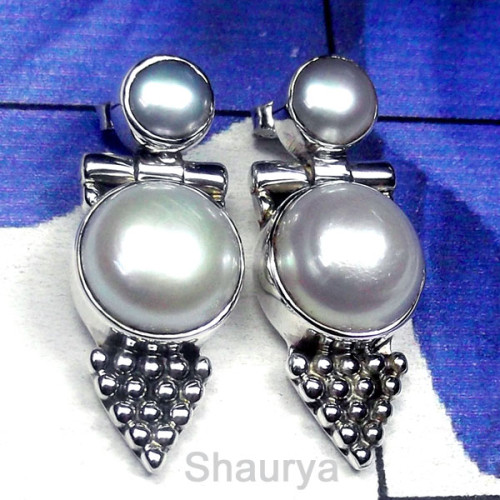 Pearl B - PPE995-Sterling Silver Pearl Gemstone Beautiful Stud Earring