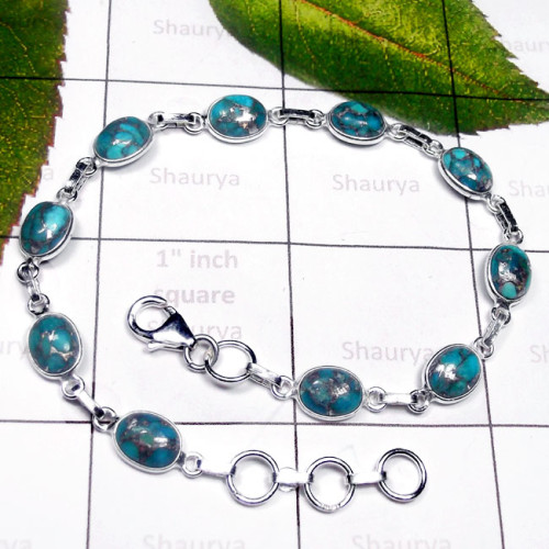 Blue Copper Turquoise C - SBB992-Plain Silver Semiprecious Gemstone Bejal Bracelet