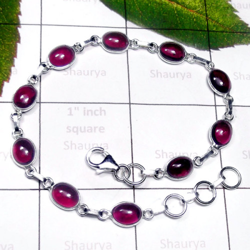 Garnet E - SBB992-Plain Silver Semiprecious Gemstone Bejal Bracelet