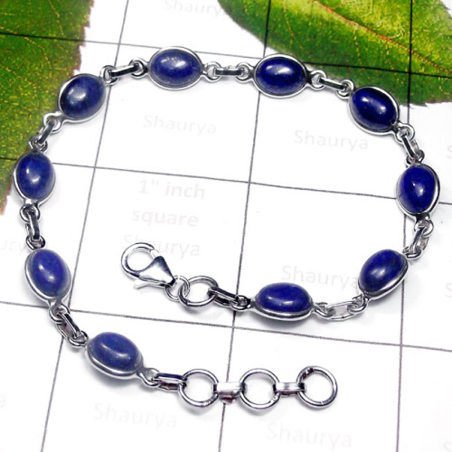 Lapis F - SBB992-Plain Silver Semiprecious Gemstone Bejal Bracelet