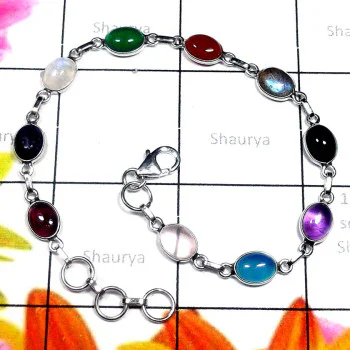 Multi stones J - SBB992-Plain Silver Semiprecious Gemstone Bejal Bracelet Multi stones J - SBB992-Plain Silver Semiprecious Gemstone Bejal Bracelet