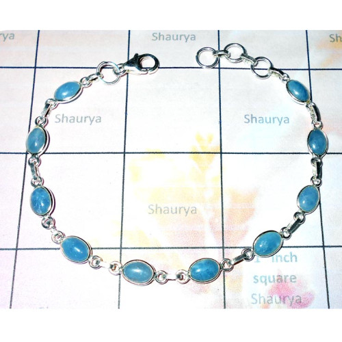 Aquamarine L - SBB992-Plain Silver Semiprecious Gemstone Bejal Bracelet