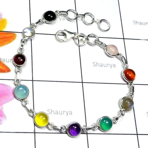 Multi Cab Gemstone K - SBB991-Small Size Gemstone Sterling Silver Bejal Bracelet Multi Cab Gemstone K - SBB991-Small Size Gemstone Sterling Silver Bejal Bracelet