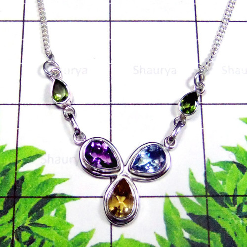 Multi Cut Gemstone E - SDN991-Sterling Silver Semiprecious Gemstone Stylish Necklace