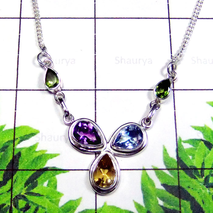 Multi Cut Gemstone E - SDN991-Sterling Silver Semiprecious Gemstone Stylish Necklace Multi Cut Gemstone E - SDN991-Sterling Silver Semiprecious Gemstone Stylish Necklace